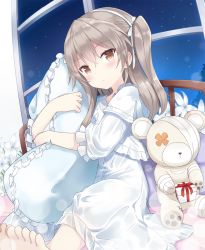 Rule 34 | 10s, 1girl, bandages, barefoot, bed, bed frame, blush, boko (girls und panzer), box, brown eyes, brown hair, closed mouth, commentary request, flower, frilled pillow, frilled sleeves, frills, gift, gift box, girls und panzer, hair between eyes, hair ribbon, hairband, head tilt, highres, indoors, long hair, night, night sky, nightgown, hugging object, on bed, one side up, pillow, pillow hug, ribbon, shimada arisu, shuuichi (gothics), sitting, sky, sleeves past elbows, solo, stuffed animal, stuffed toy, teddy bear, white flower, white hairband, window