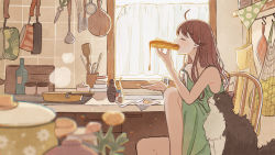 Rule 34 | 1girl, animal, bare shoulders, black cat, blush, bottle, brown hair, cat, closed eyes, collarbone, cooking pot, curtains, dress, eating, food, food in mouth, frying pan, fumi futamori, green dress, hand up, holding, holding food, indoors, knife, leg up, long hair, open mouth, original, sitting, sleeveless, sleeveless dress, spaghetti strap, stove