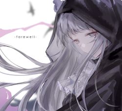 Rule 34 | 1girl, arknights, ascot, black cape, cape, english text, grey eyes, grey hair, half-closed eyes, head wings, head wings through headwear, highres, hood, hood up, hooded cape, irene (arknights), long hair, looking at viewer, pink ribbon, ribbon, shenhuili, simple background, solo, upper body, white ascot, white background, wings