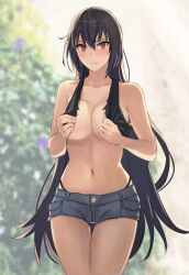 Rule 34 | 1girl, alternate costume, bare shoulders, black hair, blue shorts, blush, breasts, brown eyes, closed mouth, collarbone, commentary request, covering privates, covering breasts, cowboy shot, denim, denim shorts, frown, hair between eyes, highres, kantai collection, kasumi (skchkko), large breasts, long hair, looking at viewer, nagato (kancolle), navel, short shorts, shorts, solo, stomach, thigh gap, topless, torn clothes, very long hair