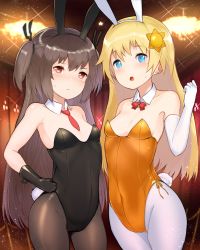 Rule 34 | 2girls, :o, animal ears, black gloves, black leotard, blue eyes, bow, bowtie, breasts, brown hair, brown legwear, closed mouth, cowboy shot, detached collar, elbow gloves, fake animal ears, fake tail, gloves, hair ornament, highres, leotard, looking at viewer, multiple girls, necktie, orange leotard, pantyhose, playboy bunny, rabbit ears, rabbit tail, red bow, red eyes, red neckwear, short necktie, small breasts, standing, strapless, strapless leotard, sweatdrop, tail, two side up, unizou, viprpg, white gloves, white legwear, wing collar