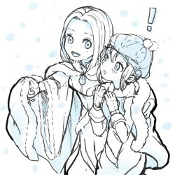Rule 34 | 2girls, blush, dress, gloves, hat, highres, jewelry, long hair, monochrome, multiple girls, necklace, octopath traveler, octopath traveler i, open mouth, ophilia (octopath traveler), rico ot, scarf, short hair, simple background, smile, snow, tressa (octopath traveler), winter clothes
