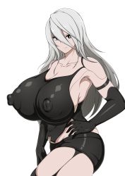 Rule 34 | 1girl, android, armlet, black gloves, black legwear, black shorts, black tank top, blue eyes, breasts, closed mouth, collarbone, commentary, covered erect nipples, elbow gloves, gloves, hair between eyes, highres, huge breasts, jabara tornado, joints, long hair, mole, mole under mouth, nier (series), nier:automata, robot joints, shorts, simple background, solo, tank top, very long hair, weapon, a2 (nier:automata)