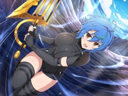 Rule 34 | 1girl, ahoge, arm belt, belt, black bodysuit, black gloves, black thighhighs, blue hair, blue sky, bodysuit, breasts, cliff, cloud, cloudy sky, crossover, day, elbow gloves, energy, fingerless gloves, gloves, green hair, high school dxd, high school dxd new, holding, holding sword, holding weapon, incoming attack, large breasts, looking at viewer, multicolored hair, official art, open mouth, outdoors, rock, running towards viewer, senran kagura, senran kagura new link, shiny skin, short hair, sky, solo, streaked hair, sunlight, sword, teeth, thigh belt, thigh strap, thighhighs, tongue, two-tone hair, upper teeth only, weapon, xenovia quarta, yaegashi nan, yellow eyes