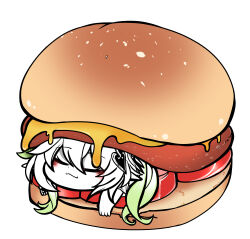Rule 34 | 1girl, absurdres, black eyes, burger, commentary request, food, genshin impact, green hair, highres, korean commentary, mini person, minigirl, multicolored hair, nahida (genshin impact), short hair, side ponytail, simple background, sleeping, solo, uncolorcube, white background, white hair