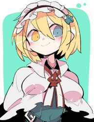 Rule 34 | 1girl, alice margatroid, ascot, blonde hair, blue dress, blue eyes, breasts, capelet, dress, frilled ascot, frilled dress, frills, heterochromia, highres, massakasama, medium breasts, multicolored eyes, red ascot, solo, touhou, white capelet, yellow eyes