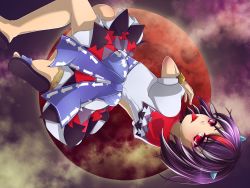 Rule 34 | 1girl, :p, black hair, cloud, cloudy sky, cone horns, full moon, highres, horns, kakiikada, kijin seija, looking at viewer, looking to the side, moon, multicolored hair, puffy short sleeves, puffy sleeves, red eyes, red hair, red moon, sandals, short sleeves, sky, solo, streaked hair, tongue, tongue out, touhou, upside-down, white hair