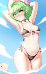Rule 34 | 1boy, 1girl, :t, alternate breast size, anger vein, anisdrawn, armpits, arms up, ball, bare arms, bare shoulders, beachball, bikini, black bikini, blue sky, blush, breasts, cloud, commentary request, cowboy shot, curvy, day, green eyes, green hair, highres, large breasts, looking at viewer, nose blush, one-punch man, outdoors, saitama (one-punch man), short hair, side-tie bikini bottom, sky, standing, stomach, swimsuit, tatsumaki, thighs, thong bikini, wide hips