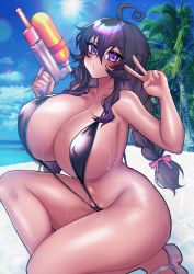Rule 34 | 1girl, absurdres, ahoge, beach, blush, breasts, crawling dreams, curvy, fang, highres, holding, huge breasts, long hair, looking at viewer, merryweather, messy hair, navel, nyarla (osiimi), original, osiimi, outdoors, palm tree, pout, purple eyes, purple hair, revealing clothes, skin fang, slingshot swimsuit, smile, solo, summer, swimsuit, tan, thick thighs, thighs, tree, twintails, v, very long hair, water gun, wide hips