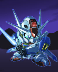Rule 34 | absurdres, beam saber, blue eyes, chibi, colored sclera, commentary, energy sword, english text, green sclera, gundam, gundam aerial, gundam suisei no majo, highres, holding, holding sword, holding weapon, mecha, mobile suit, no humans, robot, sd gundam, solo, sword, tomutamo, v-fin, watermark, weapon