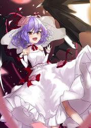 Rule 34 | 1girl, absurdres, bat wings, blush, bridal veil, commentary request, dress, dress flower, dutch angle, ei tantan, elbow gloves, fang, feet out of frame, fingerless gloves, flower, frilled dress, frills, gloves, hair between eyes, hair flower, hair ornament, highres, looking at viewer, no headwear, open mouth, pink flower, pink rose, purple hair, red eyes, remilia scarlet, rose, short hair, sleeveless, sleeveless dress, slit pupils, smile, solo, touhou, veil, wedding dress, white dress, white gloves, wings
