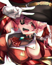 Rule 34 | 1girl, arrow through heart, artist name, bare shoulders, bicorne, black hat, blush, breasts, cleavage, commentary request, dated, eyepatch, fang, gloves, gold trim, grin, hair between eyes, hair ribbon, hat, heart, highres, hololive, houshou marine, inkspirate, jacket, large breasts, long hair, long sleeves, open mouth, pirate, pirate hat, red eyes, red hair, red jacket, red ribbon, red sleeves, ribbon, see-through, see-through cleavage, smile, solo, sparkle, twintails, v, virtual youtuber, watermark, white gloves