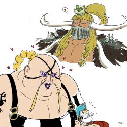 Rule 34 | 2boys, 2others, animal ears, blush, carrying, creatures (company), crossover, dancing, facial hair, fat, fat man, fur trim, game freak, gloves, heart, horns, jack (one piece), joujou (joudoodles), long hair, looking at another, looking at viewer, mask, multiple boys, multiple others, muscular, mustache, nintendo, one piece, pectorals, pokemon, pokemon (creature), ponytail, quaxly, queen (one piece), shirt, simple background, size difference, smile, sprigatito, upper body, white background, white hair