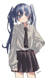 Rule 34 | 1girl, 3774., blue eyes, blue hair, blush, brown necktie, brown skirt, closed mouth, grey background, hair between eyes, hand on own hip, highres, long hair, looking at viewer, necktie, shirt tucked in, simple background, skirt, sleeves past wrists, solo, standing, twintails, vocaloid