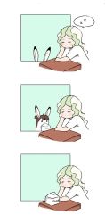 Rule 34 | 1girl, 3koma, animalization, blonde hair, blush, brown hair, rabbit, closed mouth, comic, commentary, desk, diana cavendish, closed eyes, kagari atsuko, little witch academia, mouth hold, rey 2911, shirt, short sleeves, spoken zzz, white shirt, zzz