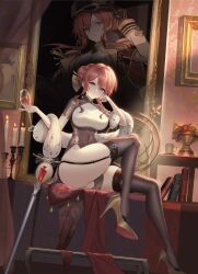 Rule 34 | 1girl, absurdres, alcohol, ass, azur lane, black garter straps, black gloves, black hat, bookshelf, breasts, brown dress, brown thighhighs, candle, candlestand, cane, china dress, chinese clothes, cup, dress, drinking glass, dutch angle, epaulettes, feather boa, food, framed breasts, fruit, fruit bowl, full body, garter straps, gem, gloves, gold footwear, grapes, hand on own cheek, hand on own face, hat, high heels, highres, holding, holding cup, impossible clothes, impossible dress, indoors, large breasts, long hair, long sleeves, looking at viewer, monarch (azur lane), monarch (black gerard) (azur lane), official alternate costume, painting (object), peach, peaked cap, portrait (object), pumps, purple eyes, red gemstone, red hair, shoes, short sleeves, sitting, skindentation, solo, stiletto heels, taut clothes, taut dress, thighhighs, wine, wine glass, yijiufantexi