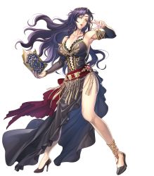 Rule 34 | 1girl, armpits, bare shoulders, black dress, black footwear, black hair, book, breasts, dress, female focus, fire emblem, fire emblem: the blazing blade, fire emblem heroes, full body, high heels, highres, holding, holding book, large breasts, makeup, navel, nintendo, official art, pale skin, solo, sonia (fire emblem: the blazing blade), transparent background, yellow eyes