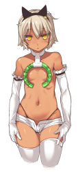 Rule 34 | 1girl, :&lt;, animal ears, badge, bare shoulders, black panties, breasts, brown hair, button badge, cat ears, censored, convenient censoring, cowboy shot, cropped, cropped legs, dark-skinned female, dark skin, elbow gloves, fake animal ears, gloves, hair bobbles, hair ornament, hairband, highleg, highleg panties, imazon, looking at viewer, md5 mismatch, navel, one side up, open fly, original, panties, parted lips, resized, resolution mismatch, shiny skin, short hair, short shorts, shorts, simple background, small breasts, solo, source larger, string panties, thigh gap, thighhighs, underwear, unzipped, white background, white gloves, white thighhighs, yellow eyes