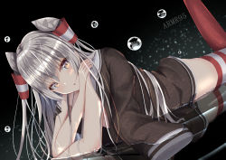 Rule 34 | 1girl, :o, absurdres, amatsukaze (kancolle), araishi maro, bad id, bad pixiv id, blush, brown eyes, brown shirt, dark background, dutch angle, foot up, gradient background, hair tubes, highres, kantai collection, long hair, long sleeves, looking at viewer, naked shirt, open clothes, open shirt, parted lips, red thighhighs, reflection, shirt, shirt on shoulders, silver hair, solo, striped clothes, striped thighhighs, thighhighs, twintails, two side up, very long hair, water drop