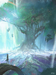 Rule 34 | 1girl, assassin (ragnarok online), cape, commentary request, crown, darkhikari, floating island, from behind, full body, in-universe location, looking afar, plant roots, purple cape, purple shirt, ragnarok online, scenery, shirt, short hair, short ponytail, standing, torn cape, torn clothes, tree, waist cape, water, waterfall, wide shot, yggdrasil
