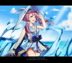 Rule 34 | 1girl, arknights, bag, bare legs, blue bow, blue dress, blue eyes, blue sky, bow, bracelet, breasts, character name, chinese commentary, cloud, cloudy sky, copyright name, cowboy shot, day, doc.chen, dress, water drop, highres, jewelry, letterboxed, long hair, medium breasts, ocean, open mouth, outdoors, purestream (arknights), purple hair, shading eyes, short dress, shoulder bag, sky, sleeveless, smile, solo, thighs, twintails, water, white headwear, wind