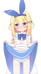 Rule 34 | 1girl, alice girl (ayanepuna), apron, ayanepuna, blonde hair, blue bow, blue dress, blue eyes, blue hairband, blue ribbon, blush, bow, closed mouth, clothes lift, collared dress, commentary request, dress, dress lift, frilled apron, frills, gluteal fold, hair between eyes, hair ornament, hair ribbon, hairband, hairclip, highres, lifting own clothes, long hair, looking away, looking to the side, nose blush, original, panties, puffy short sleeves, puffy sleeves, ribbon, short sleeves, simple background, solo, striped clothes, striped panties, sweat, thighhighs, two side up, underwear, very long hair, white apron, white background, white thighhighs, x hair ornament