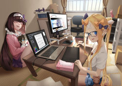 Rule 34 | 2girls, abigail williams (fate), absurdres, blouse, blush, bow, breasts, brown hair, closed eyes, coffee table, computer, contemporary, crossed bandaids, drawing tablet, fate/grand order, fate (series), forehead, fujimaru ritsuka (male), hairband, highres, huge filesize, laptop, large breasts, long hair, long sleeves, looking at viewer, monitor, multiple bows, multiple girls, open mouth, orange bow, osakabehime (fate), parted bangs, shiro ami, shirt, small breasts, smile, stuffed toy, stylus, table, very long hair, white shirt