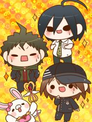Rule 34 | 3boys, ahoge, angel wings, baseball cap, black eyes, black hair, black hat, black jacket, black pants, black sleeves, blazer, blush stickers, bow, brooch, brown hair, buttons, chibi, coattails, collared jacket, collared shirt, cosplay, costume switch, crest, danganronpa: trigger happy havoc, danganronpa (series), danganronpa 2: goodbye despair, danganronpa v3: killing harmony, denim, double-breasted, eyelashes, floral background, full body, furrowed brow, green jacket, green necktie, hair between eyes, hand on own chin, hands in pockets, hat, heart, high collar, hinata hajime, holding, holding staff, hood, hood down, hooded jacket, jacket, jeans, jewelry, layered sleeves, light blush, male focus, multiple boys, naegi makoto, necktie, nervous smile, nervous sweating, open clothes, open jacket, pants, pink bow, pinstripe jacket, pinstripe pants, pinstripe pattern, pocket, rabbit, raised eyebrows, red footwear, saihara shuichi, shirt, shoes, short hair, short sleeves, simple background, smile, sneakers, solid circle eyes, solid oval eyes, sparkle, staff, sweat, sweatdrop, usami (danganronpa), v-shaped eyebrows, vertical-striped sleeves, white shirt, white sleeves, wings, yellow background, yumaru (marumarumaru), zipper, zipper pull tab