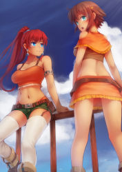 Rule 34 | 10s, 2girls, amy (suisei no gargantia), armlet, back, bare shoulders, bellows (suisei no gargantia), belt, blue eyes, breasts, brown hair, casual, cloud, colorized, crop top, day, garter straps, highres, large breasts, long hair, looking at viewer, looking back, midriff, miniskirt, multiple girls, navel, open mouth, ponytail, railing, ricegnat, shirt, short hair, short shorts, shorts, sidelocks, sitting, sketch, skirt, spaghetti strap, standing, suisei no gargantia, tan, taut clothes, taut shirt, thighhighs, white legwear
