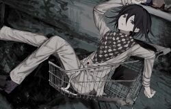 Rule 34 | 1boy, arm up, black footwear, black hair, buttons, checkered clothes, checkered scarf, danganronpa (series), danganronpa v3: killing harmony, double-breasted, flipped hair, grey background, grey jacket, grey pants, highres, jacket, long sleeves, male focus, open mouth, oma kokichi, pants, purple eyes, scarf, shoes, shopping cart, solo, wa noko