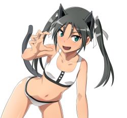 Rule 34 | 1girl, animal ears, black hair, black ribbon, bra, breasts, cat ears, cat tail, collarbone, commentary, cowboy shot, fang, francesca lucchini, green eyes, hair ribbon, leaning forward, long hair, looking at viewer, nanashino, navel, open mouth, panties, ribbon, simple background, skindentation, small breasts, smile, solo, strike witches, tail, training bra, twintails, underwear, underwear only, white background, white bra, white panties, world witches series
