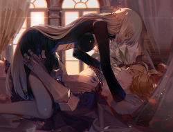 Rule 34 | 2girls, all fours, armor, armored dress, artist name, artoria pendragon (fate), artoria pendragon (lancer) (fate), backlighting, black dress, blonde hair, blue dress, blue eyes, blush, braid, breastplate, breasts, center opening, chain, collaboration, copyright name, curtains, dress, eye contact, fate/grand order, fate (series), french braid, fur trim, gauntlets, glint, gloves, green eyes, hand on another&#039;s cheek, hand on another&#039;s face, hand on another&#039;s thigh, incest, indoors, kawacy, long hair, long sleeves, looking at another, lying, medium breasts, messy hair, morgan le fay (fate), multiple girls, on back, parted lips, plant, potted plant, siblings, sidelocks, sisters, sweat, thighhighs, very long hair, white gloves, window, yorukun, yuri