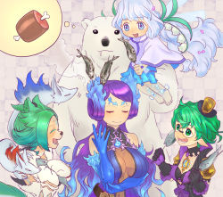 Rule 34 | animal hands, animal nose, bear, breasts, brighid (xenoblade), cooking, fire, fish, food, green hair, large breasts, long hair, meat, multiple girls, natto soup, nim (xenoblade), pandoria (xenoblade), polar bear, short hair, ursula (xenoblade), xenoblade chronicles (series), xenoblade chronicles 2