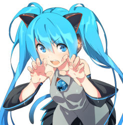 Rule 34 | 1girl, animal ears, bell, blue eyes, blue hair, blush, cat ears, claw pose, collar, detached sleeves, domo1220, hatsune miku, headphones, jingle bell, long hair, looking at viewer, matching hair/eyes, neck bell, open mouth, shirt, simple background, skirt, sleeveless, sleeveless shirt, solo, twintails, very long hair, vocaloid, white background