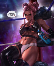 Rule 34 | 1girl, bandaid, bandaid on face, bandaid on nose, bare shoulders, bikini, black bikini, black sleeves, black thighhighs, blurry, blurry background, bottle, boxing ring, breasts, bubble (dandon fuga), crop top, dandon fuga, dark-skinned female, dark skin, detached sleeves, double bun, english text, hair bun, large breasts, lights, navel, original, pink hair, solo, speech bubble, swimsuit, thighhighs, underboob, water bottle