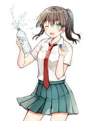 Rule 34 | 1girl, ;d, bad id, bad pixiv id, black hair, blue eyes, blue skirt, blush, bottle, breasts, collared shirt, commentary request, hair between eyes, hands up, highres, holding, holding bottle, kurata rine, looking at viewer, necktie, one eye closed, open mouth, original, pleated skirt, ponytail, red necktie, school uniform, shirt, short sleeves, sidelocks, simple background, skirt, small breasts, smile, solo, water, water bottle, white background, white shirt