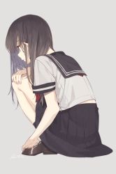 Rule 34 | 1girl, artist name, black hair, black skirt, booota, brown eyes, brown hair, closed mouth, from side, grey background, highres, knees up, loafers, long hair, original, pleated skirt, profile, school uniform, serafuku, shoes, short sleeves, simple background, skirt, solo, squatting