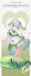 Rule 34 | 1girl, absurdres, alternate costume, apron, back bow, black footwear, bloomers, bow, bright pupils, cross-shaped pupils, dress, enmaided, full body, genshin impact, gradient hair, green bow, green dress, green eyes, green hair, grey hair, hair ornament, hairpin, highres, leaf hair ornament, looking at viewer, maid, maid apron, maid headdress, mary janes, medium hair, multicolored hair, nahida (genshin impact), omelet tomato, one side up, open mouth, pointy ears, shoes, short sleeves, sidelocks, signature, smile, socks, solo, standing, symbol-shaped pupils, twitter username, underwear, white apron, white bloomers, white bow, white socks, wrist cuffs