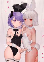 Rule 34 | 10s, 2girls, altera (fate), animal ears, bare shoulders, black bow, black leotard, black nails, blush, bow, bowtie, breasts, cleavage, dark-skinned female, dark skin, detached collar, fake animal ears, fate/extra, fate/grand order, fate (series), hair bow, helena blavatsky (fate), holding hands, interlocked fingers, leotard, looking at viewer, miyako (xxxbibit), multiple girls, nail polish, playboy bunny, purple eyes, purple hair, rabbit ears, rabbit tail, red eyes, short hair, small breasts, smile, strapless, strapless leotard, tail, thighhighs, white hair, white legwear, white leotard, wrist cuffs