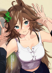 Rule 34 | 1boy, 1girl, against wall, ahoge, animal ears, blue eyes, bow, breasts, brown hair, camisole, closed mouth, collarbone, commentary request, ear bow, green bow, hair between eyes, hair ornament, hairclip, hetero, horse ears, horse girl, horse tail, jewelry, large breasts, long hair, looking at viewer, misu kasumi, mr. c.b. (umamusume), navel, pov, ring, smile, solo, striped bow, tail, translation request, umamusume, wedding ring, white camisole