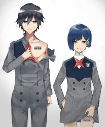 Rule 34 | 10s, 1boy, 1girl, barcode, barcode tattoo, black hair, blue-framed eyewear, blue eyes, blue hair, couple, darling in the franxx, eyes visible through hair, green eyes, hair ornament, hairclip, hand in pocket, hiro (darling in the franxx), ichigo (darling in the franxx), kaz (kaazzz0416), lifted by self, lineup, looking at viewer, military, military uniform, necktie, red neckwear, short hair, smile, smirk, tattoo, uniform