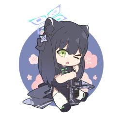 Rule 34 | &gt; o, 1girl, animal ear fluff, animal ears, black dress, black footwear, black hair, blue archive, blue background, chibi, china dress, chinese clothes, commentary request, dress, floral background, full body, green eyes, gun, hair between eyes, halo, holding, holding gun, holding weapon, long hair, nyaru (nyaru 4126), one eye closed, open mouth, pelvic curtain, round image, shoe soles, shoes, short sleeves, shun (blue archive), shun (small) (blue archive), sitting, solo, thighhighs, twintails, two-tone background, weapon, weapon request, white background, white thighhighs
