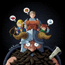 Rule 34 | 1girl, 3boys, armor, backpack, bag, beard, bed, black background, black hair, blonde hair, bottle, brown gloves, brown hair, capelet, chilchuck tims, closed eyes, commentary, covered mouth, dungeon meshi, dwarf, elf, english commentary, exhausted, facial hair, facing viewer, fake horns, fingerless gloves, furrowed brow, gloves, green eyes, green scarf, hair over shoulder, halfling, hand on own head, helmet, holding, holding bag, holding staff, hood, hood down, hooded capelet, horned helmet, horns, laios touden, leather armor, long beard, long hair, long sleeves, looking ahead, looking at viewer, low ponytail, marcille donato, mohammed bali, multiple boys, mustache, parted bangs, pixel art, plate armor, pointy ears, scarf, senshi (dungeon meshi), serious, shirt, short hair, side ponytail, spoken food, spoken object, sprout, staff, thought bubble, water bottle, white shirt, wok