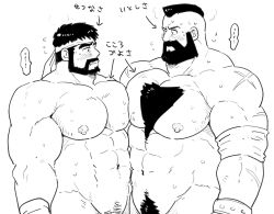 Rule 34 | 2boys, abs, bara, beard, blush, body fur, chest hair, chest tuft, completely nude, cowboy shot, facial hair, flying sweatdrops, greyscale, headband, highres, hoshieda (hoshinoedao), large pectorals, looking at another, male focus, male pubic hair, mohawk, monochrome, multiple boys, muscular, muscular male, navel, navel hair, nipples, nude, pectoral docking, pectoral press, pectorals, pubic hair, pubic hair peek, ryu (street fighter), scar, scar on arm, short hair, shy, street fighter, street fighter 6, sweat, thick eyebrows, thick mustache, translation request, very sweaty, zangief