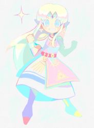Rule 34 | 1girl, aqua eyes, armor, arms up, belt, blonde hair, denaseey, dress, earrings, full body, highres, jewelry, long hair, nintendo, open mouth, parted bangs, pauldrons, princess zelda, short sleeves, shoulder armor, simple background, smile, solo, standing, the legend of zelda, triforce, white background, white dress
