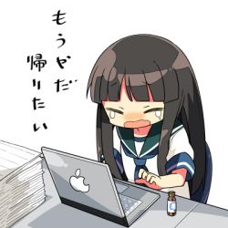 Rule 34 | 10s, 1girl, apple inc., blue neckerchief, blush, closed eyes, commentary request, computer, crying, energy drink, hatsuyuki (kancolle), kanikama, kantai collection, laptop, long hair, lowres, neckerchief, paper stack, school uniform, serafuku, short sleeves, solo, tears, translated, wavy mouth