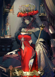 Rule 34 | 1girl, angel, auernia (lord of the mysteries), birdcage, black hair, black veil, book, breasts, cage, chinese commentary, cleavage, closed mouth, commentary request, crown, curtains, dated, dress, earrings, english text, flower, gem, head wreath, highres, indoors, jewelry, jueqinunique, light particles, lipstick, long dress, long hair, looking at object, lord of the mysteries, makeup, nail, nail polish, navel, necklace, red dress, red eyes, red gemstone, red neckwear, ring, rose, scepter, table, veil, wall