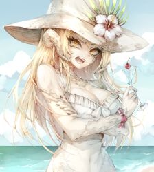 Rule 34 | 1girl, au ra, warrior of light (ff14), bare shoulders, beach, black nails, blonde hair, bow, breasts, cherry, cleavage, cloud, cocktail glass, covered navel, crossed arms, cup, curled horns, day, dragon girl, dragon horns, drinking glass, eyelashes, final fantasy, final fantasy xiv, fingernails, flower, food, fruit, hat, hat flower, hibiscus, highres, holding, holding cup, horns, long hair, medium breasts, nail polish, nourian, ocean, one-piece swimsuit, open mouth, orange eyes, outdoors, pink flower, scales, solo, straight hair, sun hat, swimsuit, teeth, water, white bow, white flower, white horns, white one-piece swimsuit, wrist flower