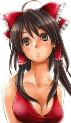 Rule 34 | 1girl, ahoge, bad id, bad pixiv id, bikini, bow, breasts, brown eyes, brown hair, cleavage, collarbone, frilled bow, frills, hair bow, hair tubes, hakurei reimu, i-la, lips, long hair, looking to the side, ponytail, red bikini, red bow, sidelocks, simple background, solo, swimsuit, taut bikini, touhou, upper body, white background, wide-eyed
