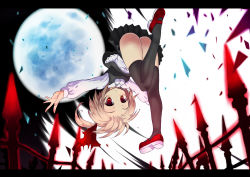 Rule 34 | 1girl, :o, ass, bad id, bad pixiv id, black thighhighs, blonde hair, broken glass, child, embodiment of scarlet devil, female focus, fence, full moon, glass, hair ribbon, letterboxed, mary janes, moon, night, outstretched arms, red eyes, ribbon, rumia, shoes, short hair, solo, spread arms, sumisu (mondo), thighhighs, touhou, upside-down